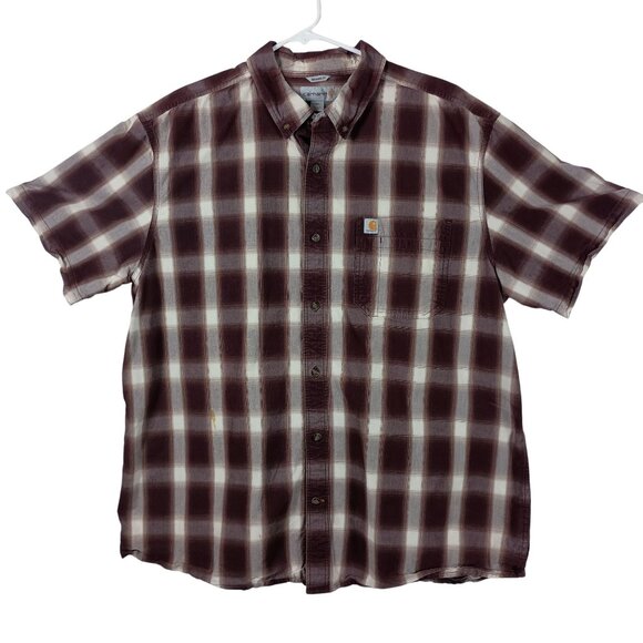 Carhartt Relaxed Fit Plaid Shirt 2XL Brown Short Sleeve Button Front Workwear - Picture 1 of 6